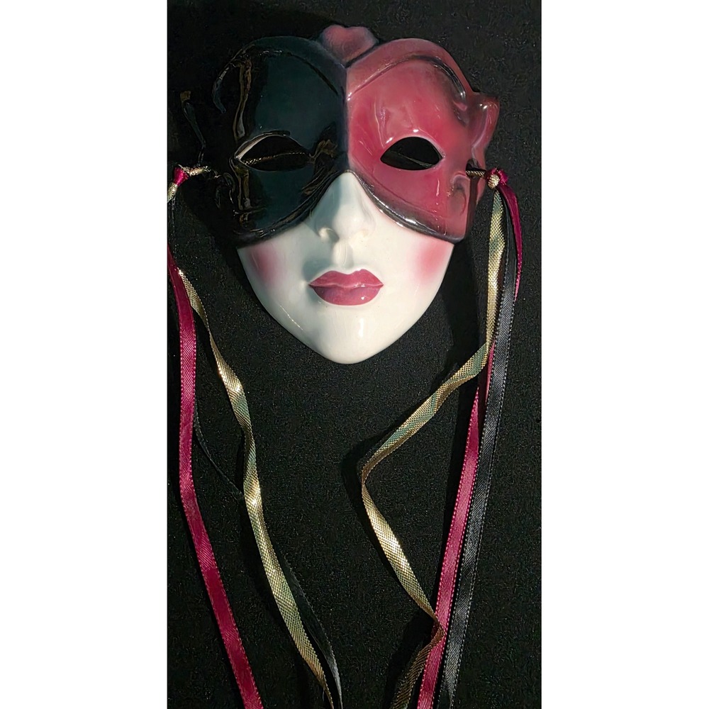 Vintage Clay Art SF USA Ceramic Wall Mask Harlequin Black Burgundy Ribbon 5.5"